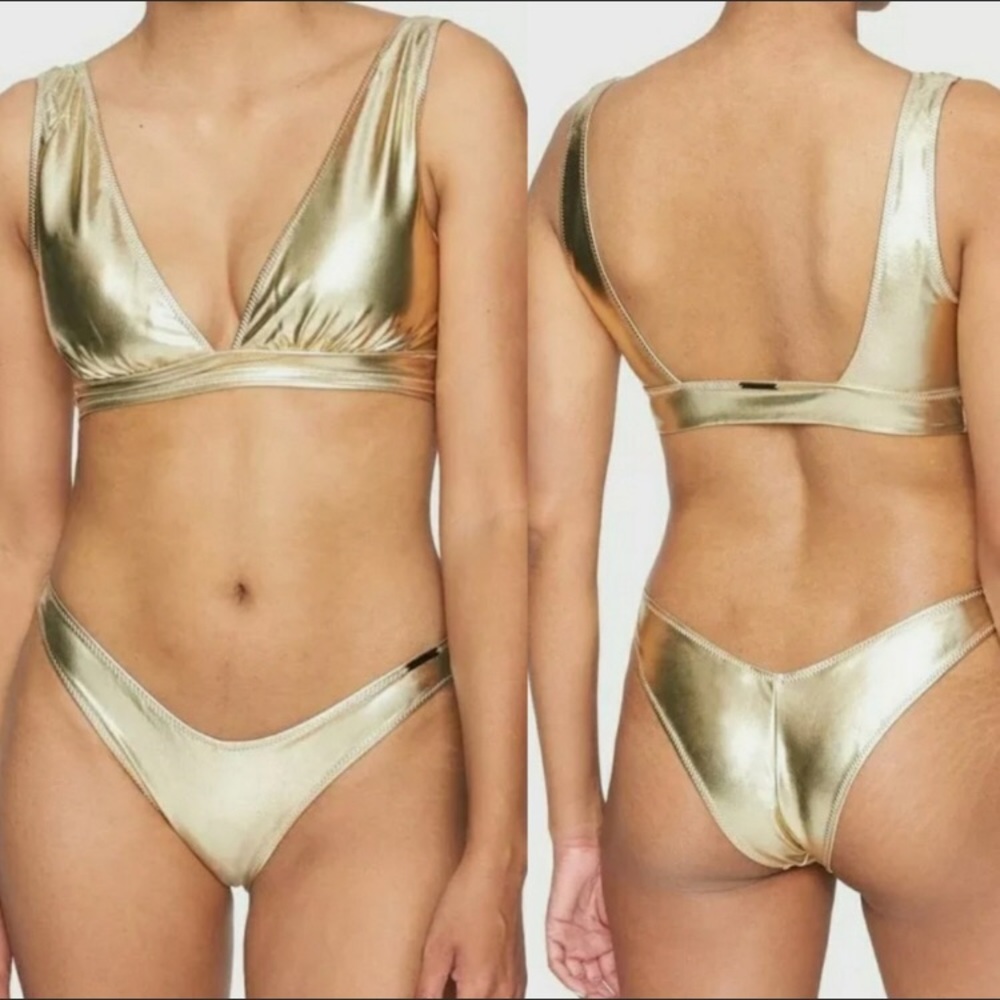 Kendall & Kylie Plunge Top And Bottom Bikini Set Gold NWT